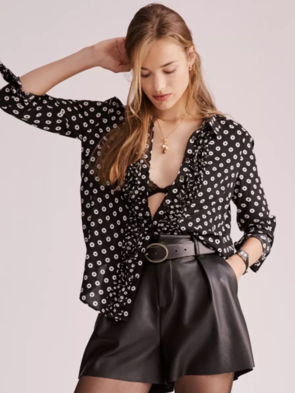 Maeve Anthropologie Button Down Shirt Womens Size 0 Black White Floral Ruffle